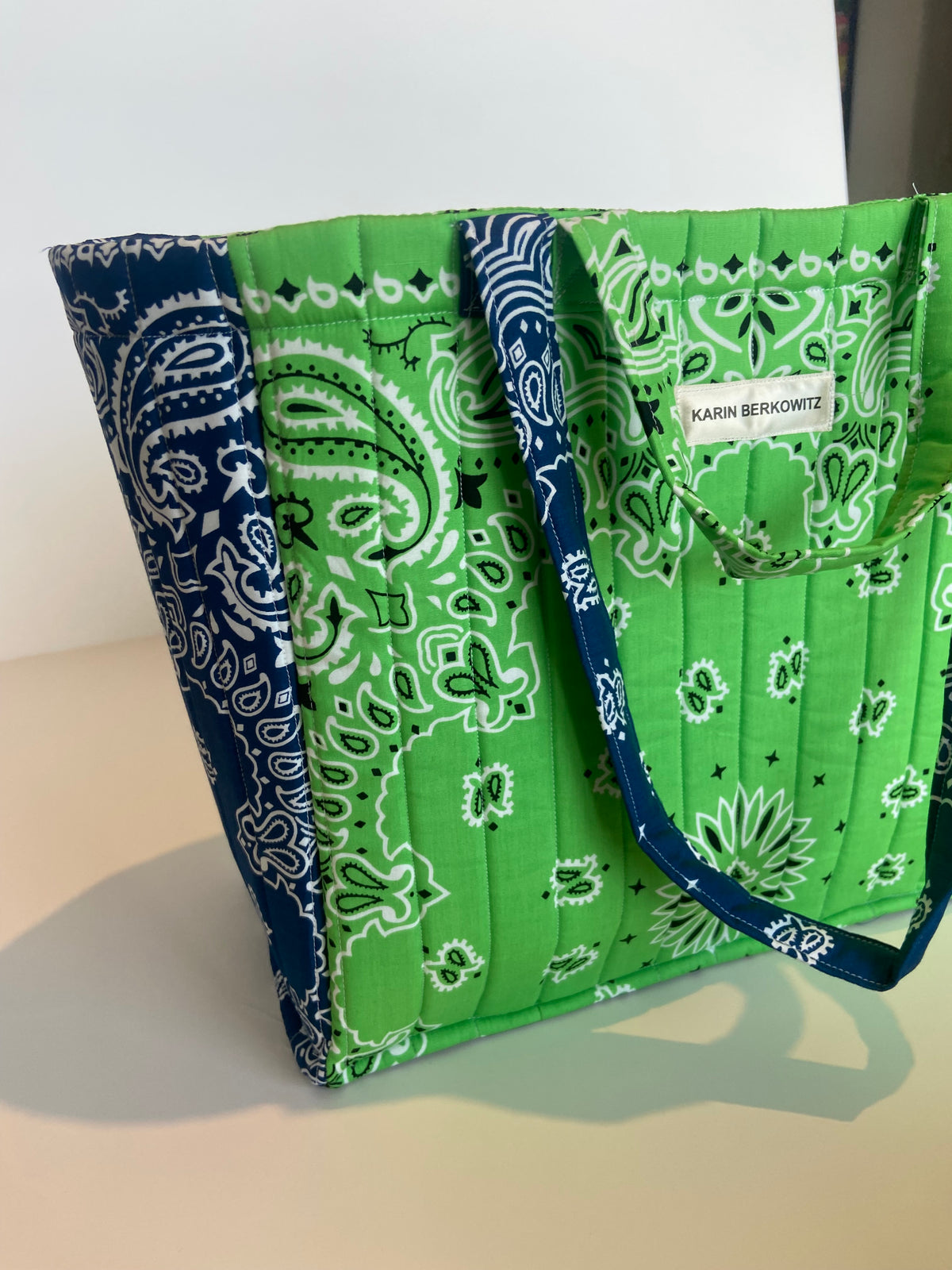 Quilted Bandana Medium Tote Bag in Apple Green & Navy Blue