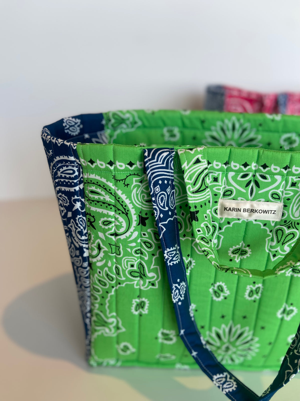 Quilted Bandana Medium Tote Bag in Apple Green & Navy Blue