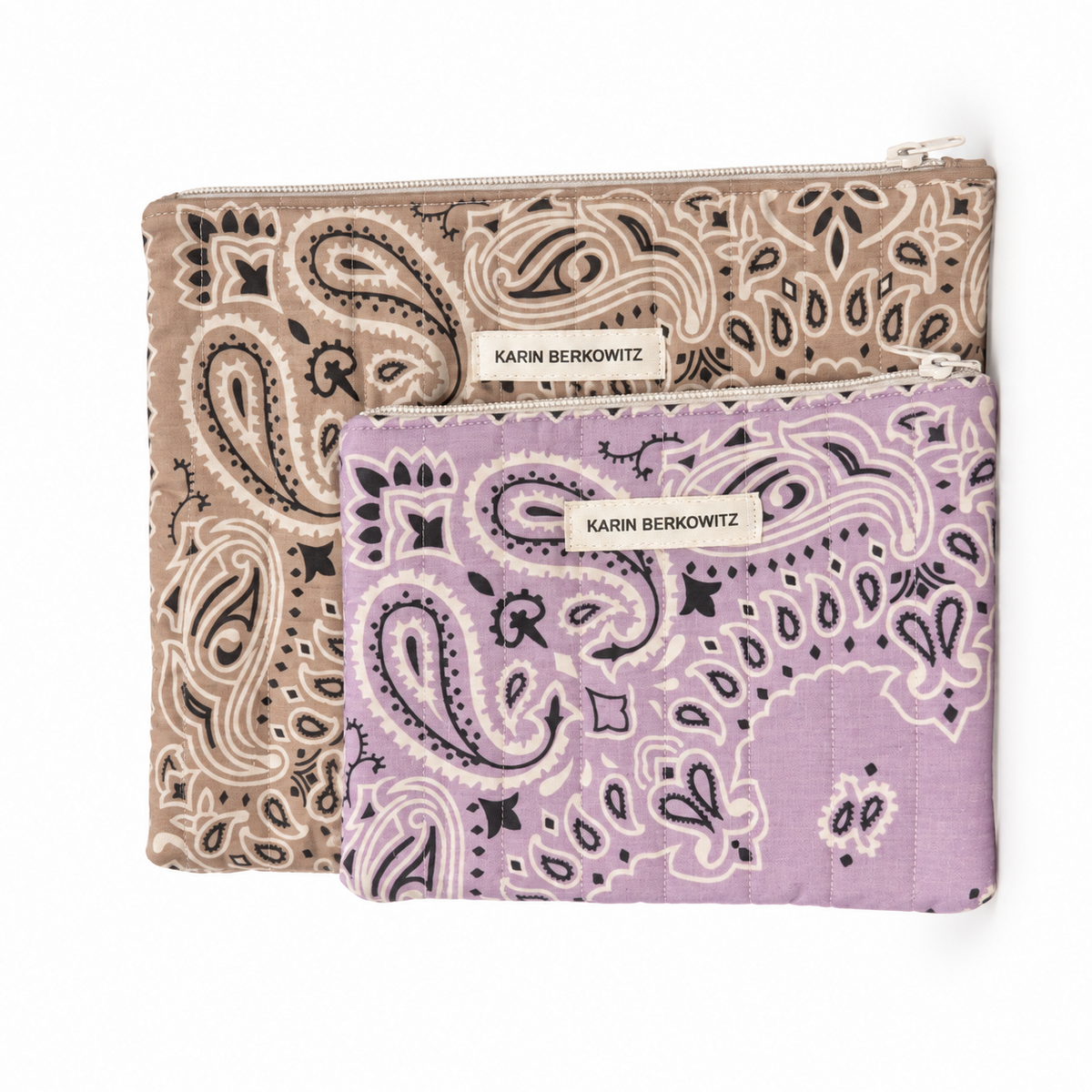 Day to Night Quilted Bandana Pouches in Taupe - lilac (Set of 2)