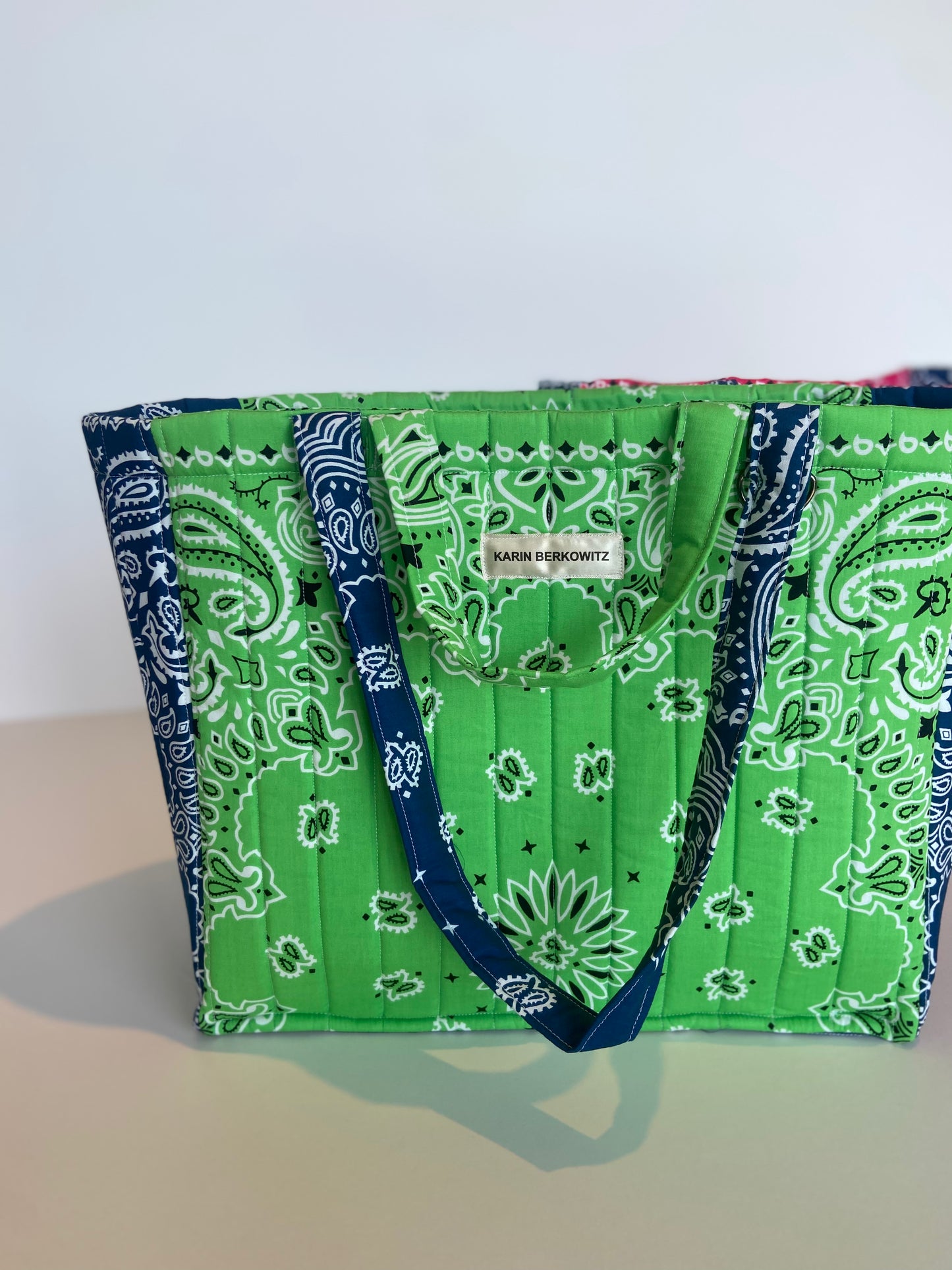 Quilted Bandana Medium Tote Bag in Apple Green & Navy Blue