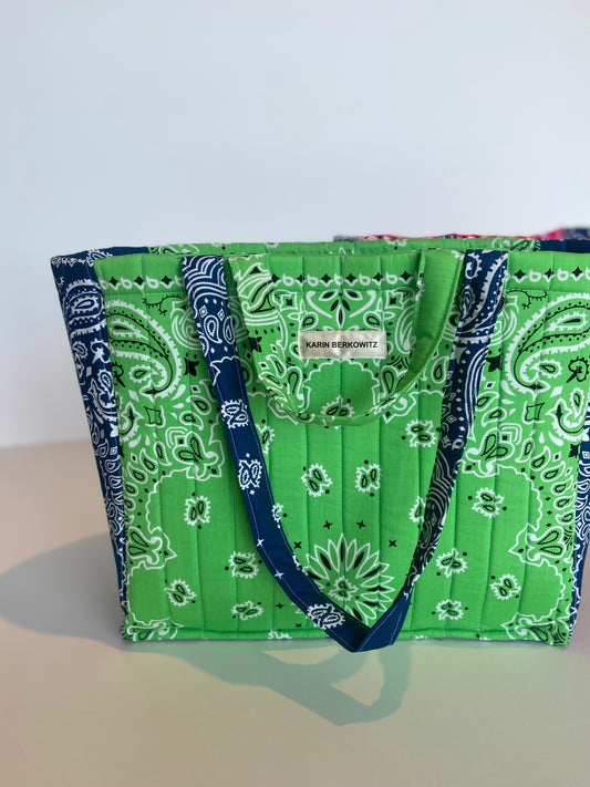 Quilted Bandana Medium Tote Bag in Apple Green & Navy Blue