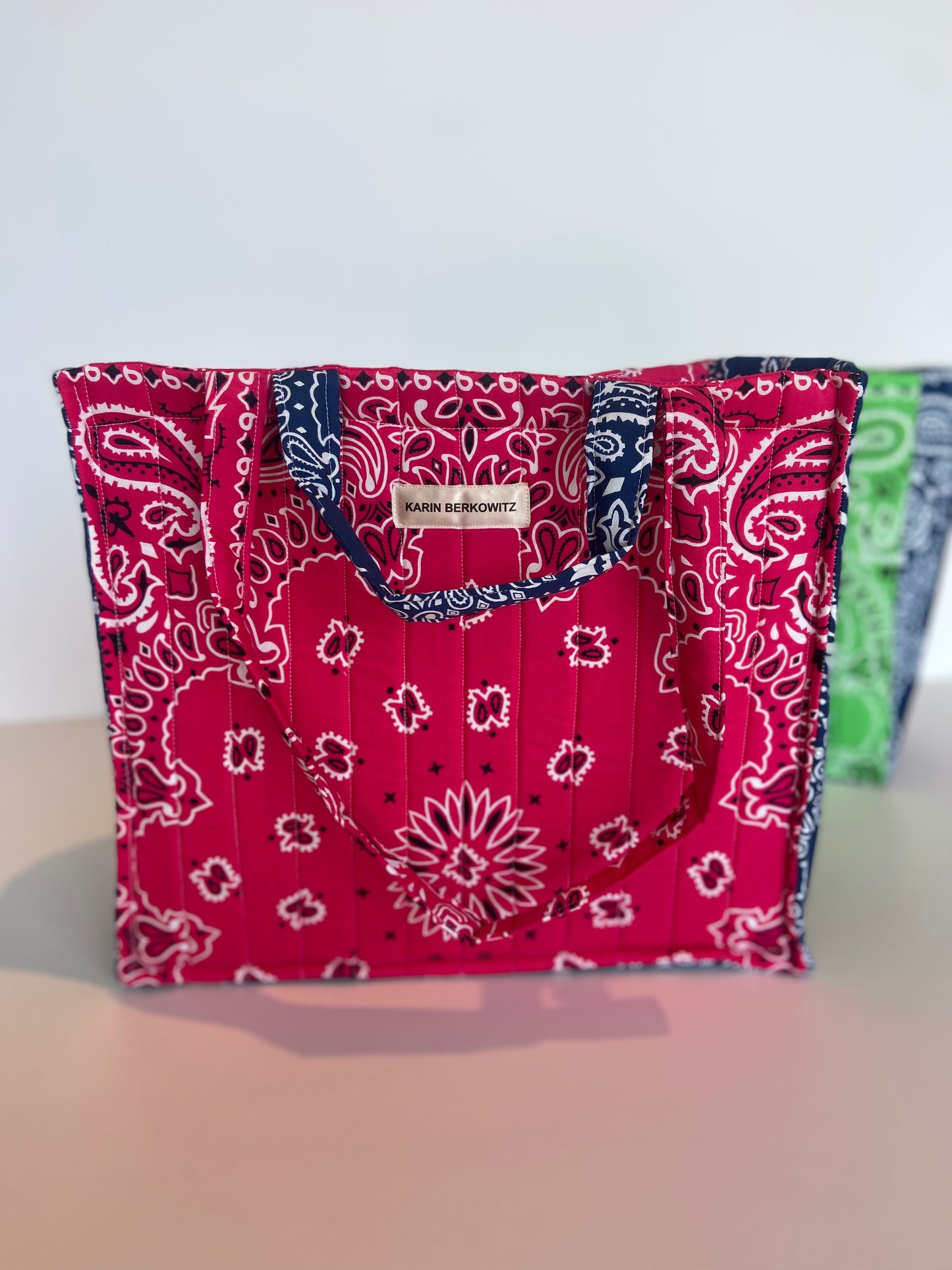 Quilted Bandana Medium Tote Bag in Shocking Pink & Navy Blue