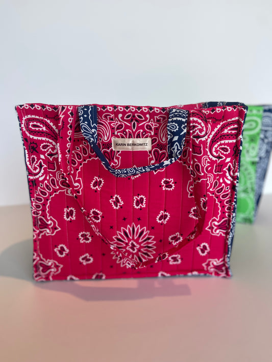 Quilted Bandana Medium Tote Bag in Shocking Pink & Navy Blue