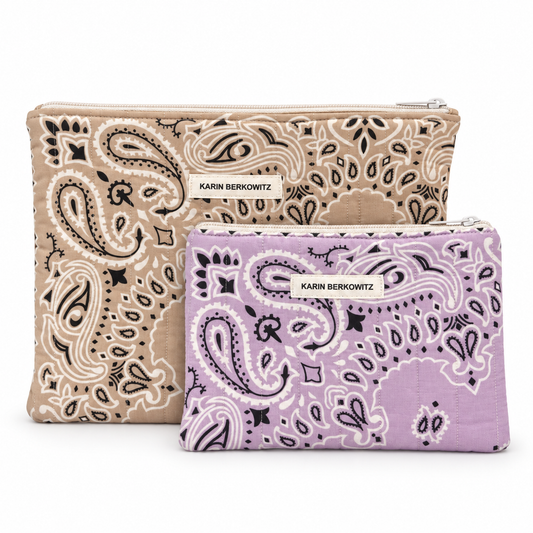 Day to Night Quilted Bandana Pouches in Taupe - lilac (Set of 2)