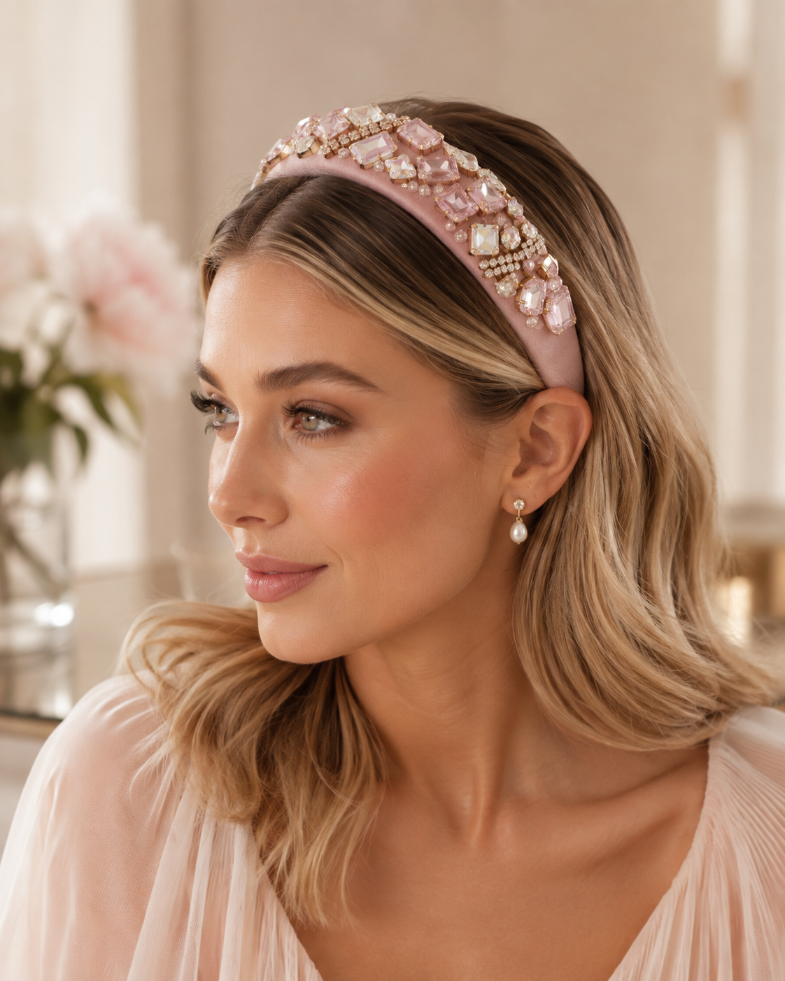 Embellished Crystal Headband in Powder Pink